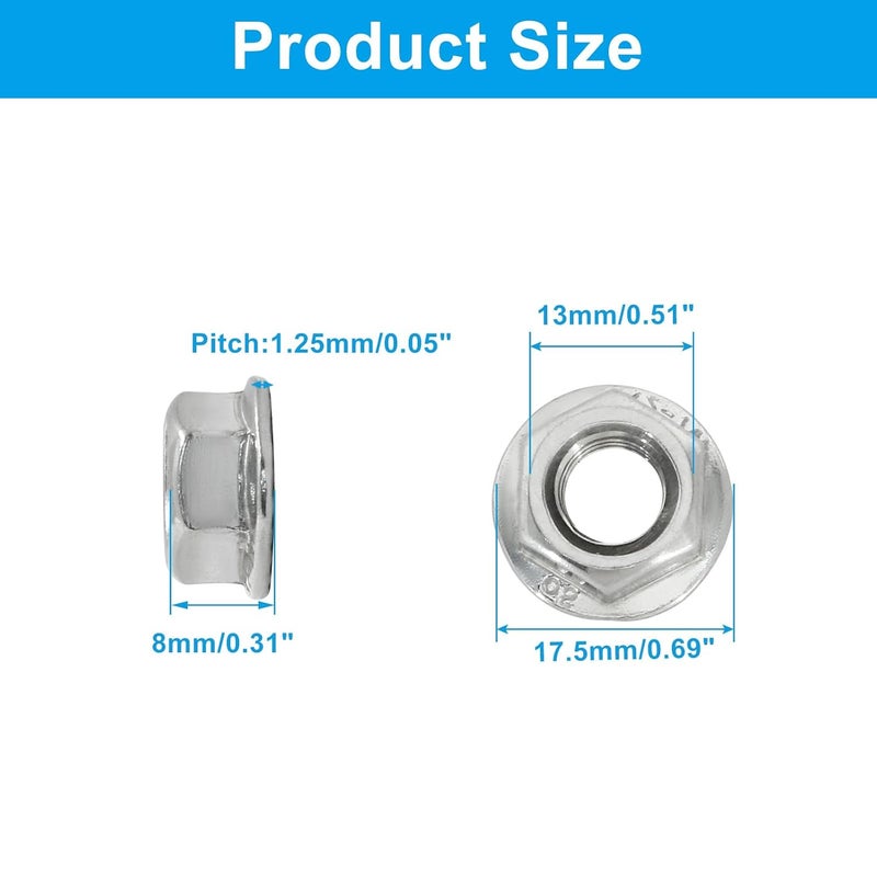 Dijedev M8/1.25mm Serrated Flange Hex Nuts, 25Pcs Hexagon Flange Nuts, 304 Stainless Steel 18-8, Full Thread, Hex Drive, Bright Finish - Image 2